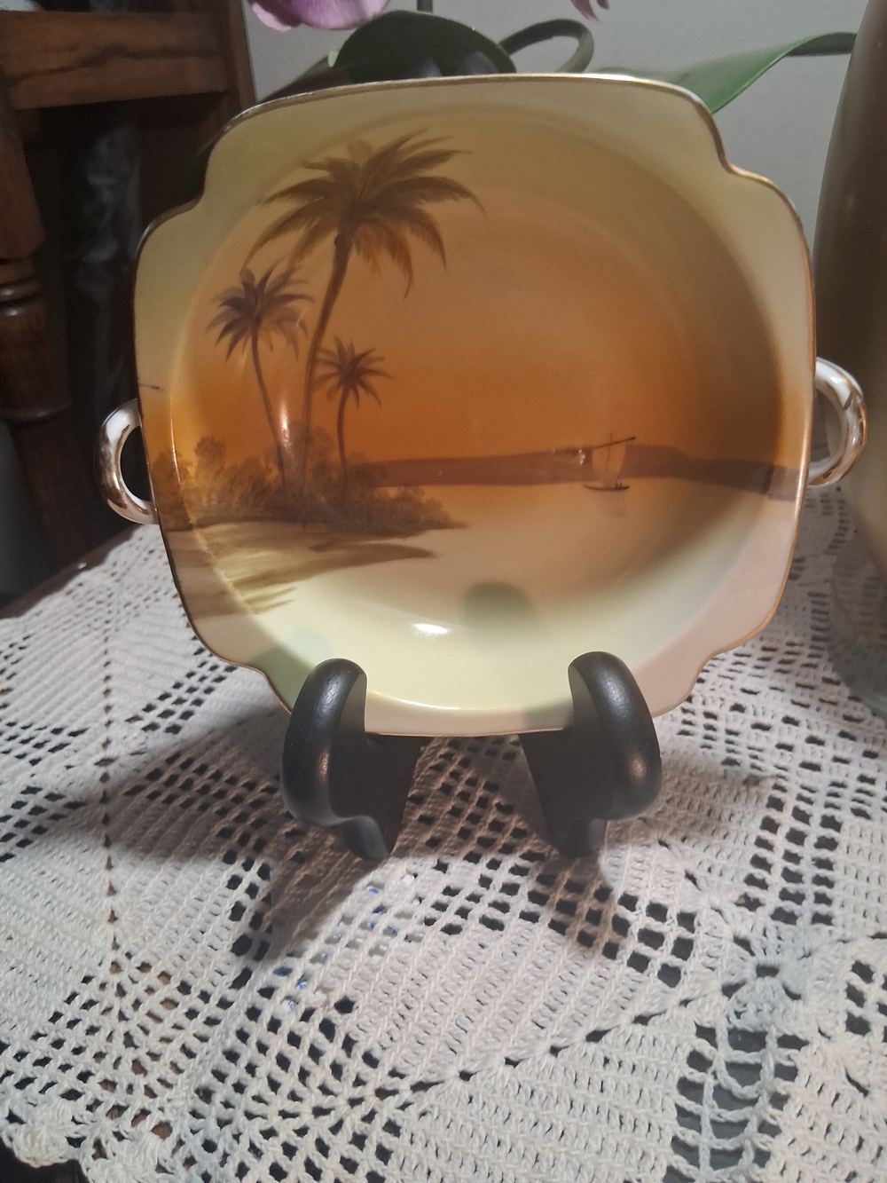 Noritake Hand Painted Palm Tree Sunset Bowl Gold Trim Trinket Vanity Dish Japan